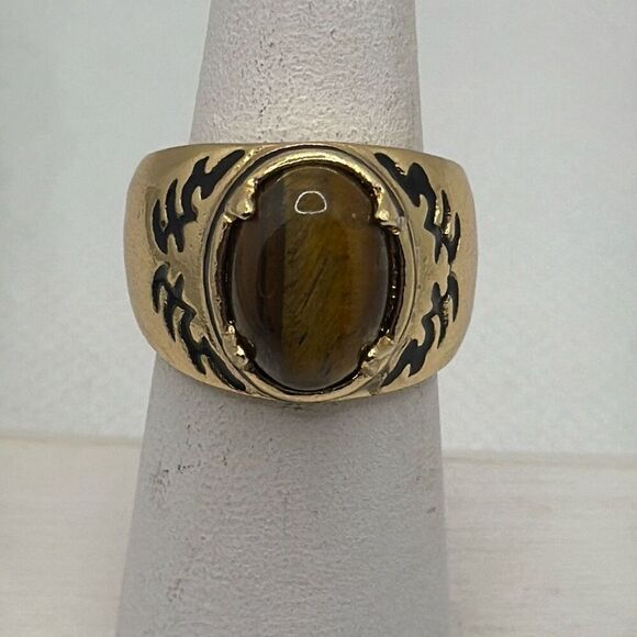 Brand New!! Size 7 24K gold plated ring with natural tiger eye stone with etched - Picture 1 of 4